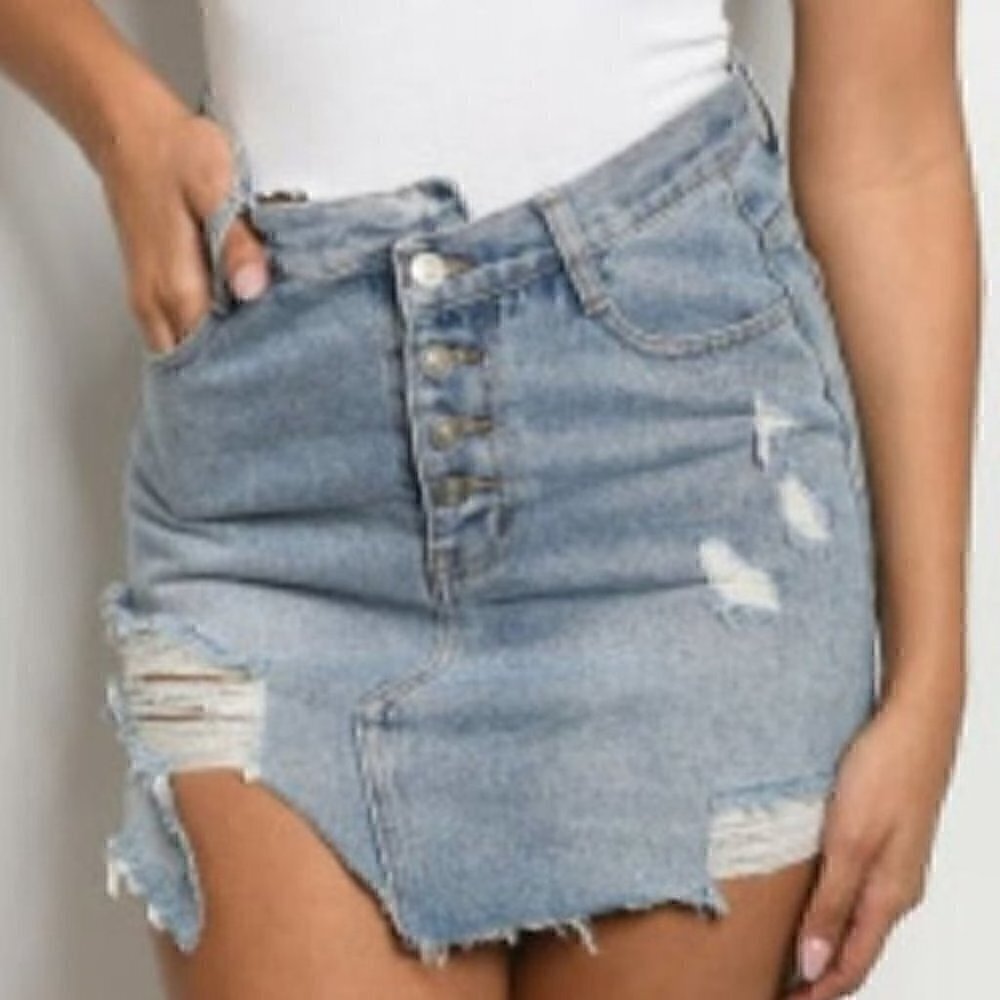 Distressed Denim Button Front Mini Skirt